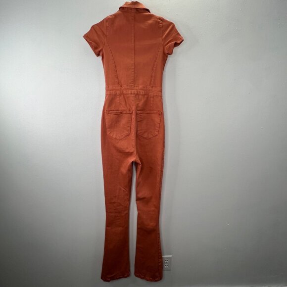 Nasty Gal Flare Jumpsuit Zip Front Denim Coral 2 Short Sleeve Pockets NWT - Picture 4 of 8
